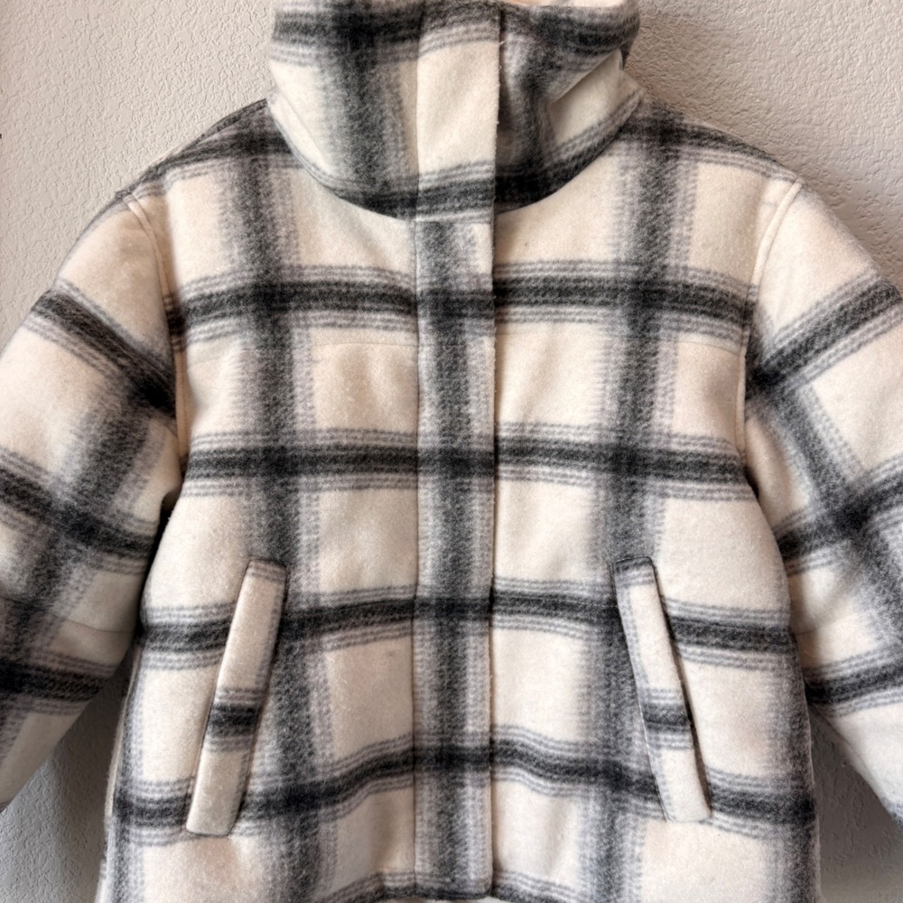 Abercrombie & Fitch Mini Puffer Plaid Jacket Womens M Cream Black Funnel Neck